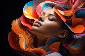 A portrait of a woman with flowing hair made of colorful ribbons