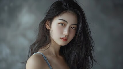 Captivating Portrait of a Serene and Ethereal Chinese Beauty in Elegant Grey Halter Top