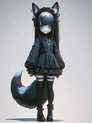 Creepy Kawaii Possessed Fox Girl , Goth creepy , 3D render - obrazy, fototapety, plakaty