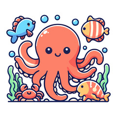 cute icon character octopus and fish