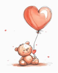 A cute teddy bear is holding a heart-shaped balloon