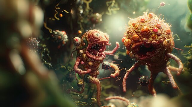 Tiny monsters in the human intestines or stomach Germs are in the abdominal cavity