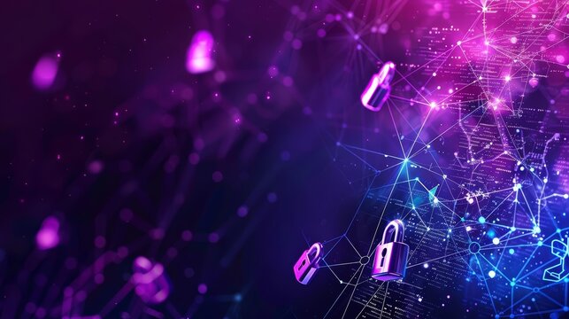Visualize a digital fortress with glowing purple and blue locks on a dark background. Make it look epic and detailed.