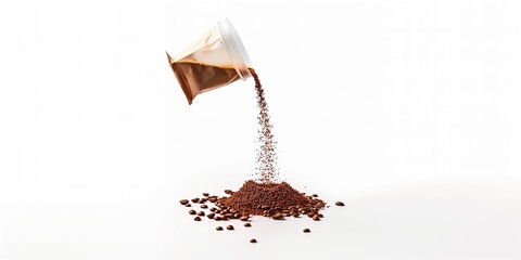 Coffee powder poured out of the package on a white background