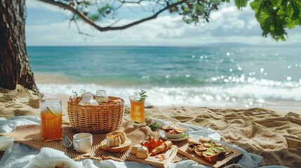 snacks and drinks in the afternoon on a mat with a view of the beach by the sea.