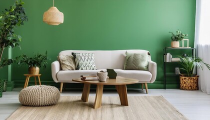 Modern living room interior, minimalistic, beautiful green walls, cozy furniture