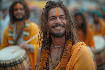 Musical Extravaganza: An electrifying scene showcasing traditional musicians and drummers accompanying the Rath Yatra procession with soul-stirring melodies and rhythmic beats, add