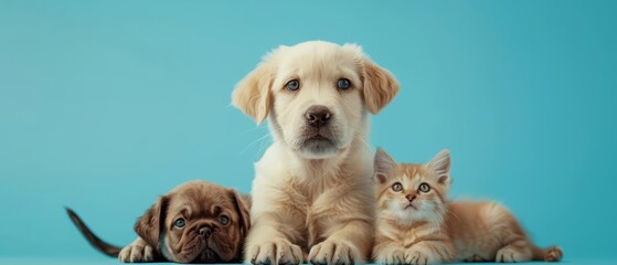 A cute puppy and a kitten are sitting next to each other on a blue background. The puppy is a golden retriever and the kitten is a tabby. They are both looking at the camera.