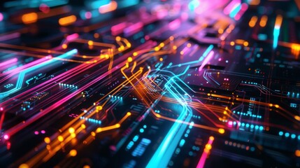 Vibrant abstract technology background with illuminated circuits and data streams