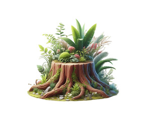 Tree stump with grass on transparent background Ai generative.