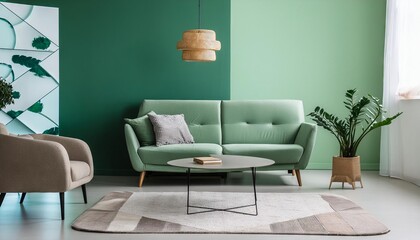 Modern living room interior, minimalistic, beautiful green walls, cozy furniture