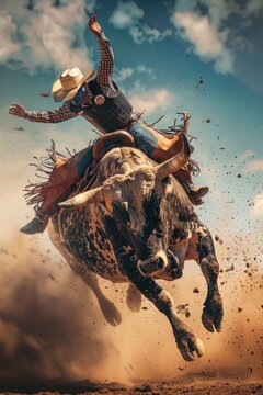 A man riding a bull in the dirt, perfect for sports events or rodeo promotions