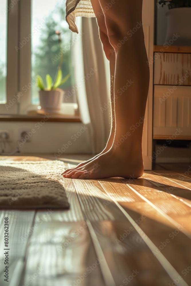 Poster a person standing on a wooden floor in front of a window. suitable for various lifestyle and interio