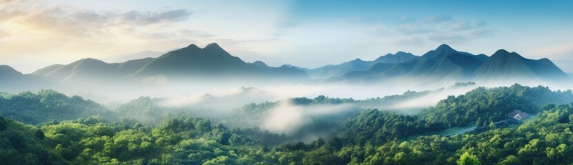 Misty Forest Shrouded in Fog with Lush Green Trees Under Cloudy Skies