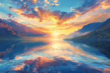 A vibrant sunrise over a tranquil mountain lake, casting a warm glow on the water.