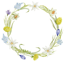 Watercolor Wreath with Spring Flowers.