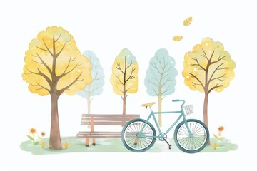 An illustration of a bicycle parked next to a bench in a park
