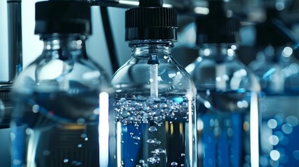 Close-up of a machine filling a glass bottle with a clear liquid