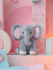 Playful Plush Elephant Figurine in Minimalist Pastel Geometric Arrangement