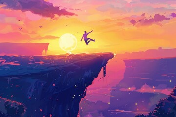 Person jumping off a cliff into the sunset, suitable for adventure or freedom concepts - Powered by Adobe