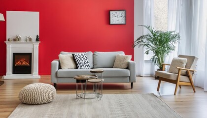 Modern living room interior, minimalistic, elegant red walls, cozy furniture
