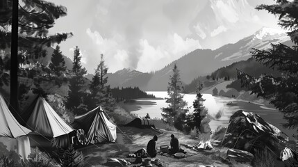 A group of people are camping in the mountains. There are two tents set up and a campfire burning. The sun is shining and the lake is calm.