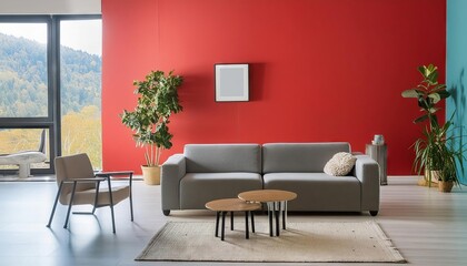 Modern living room interior, minimalistic, elegant red walls, cozy furniture