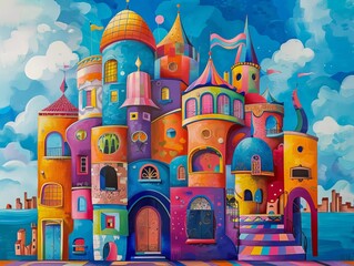 Fototapeta premium A painting of a colorful and whimsical cityscape with bright colors and a lot of detail.