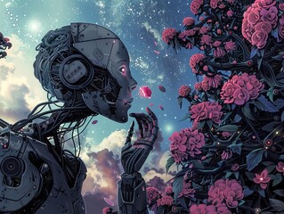 A robot stands in a field of flowers, holding a flower in its hand. The robot is looking at the flower with a peaceful expression on its face. The sky is blue and there are clouds in the distance.