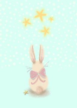 Ilustración infantil de un dulce conejito mirando el cielo estrellado, creada en grafito y acuarela digital.