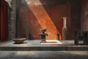 An ancient Greek temple with a large anvil in the center