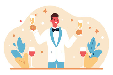 Bartender in bow tie raises a toast with two champagne glasses