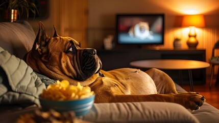 Rotund Bullmastiff Relaxing on Oversized Sofa with Snacks Transfixed by Television - obrazy, fototapety, plakaty