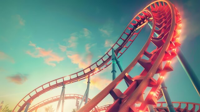 The red roller coaster twists and turns against a backdrop of blue sky and pink clouds.