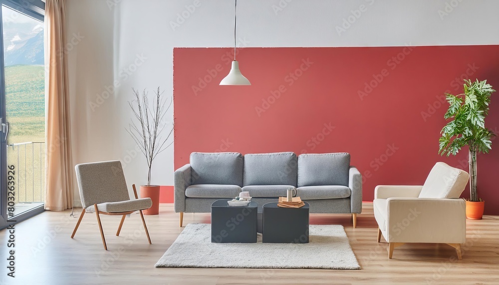 Canvas Prints Modern living room interior, minimalistic, elegant red walls, cozy furniture