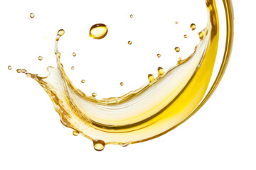 Splash splashes drops of golden sunflower olive oil on a white background