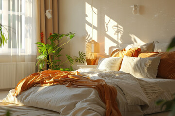 Light and airy cozy bedroom with bed, lamps, cushions and plant. No people. Home interior