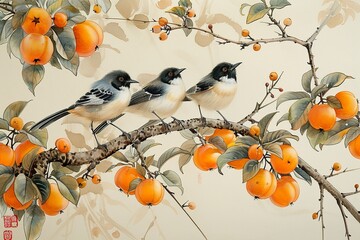 three small magpies in the Chinese painting look up at several orange fruits on the persimmon tree