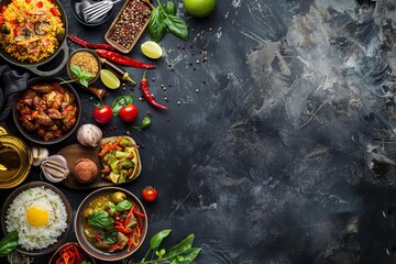 A variety of delicious and healthy food on a dark background