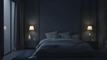 Dark bedroom interior with a bed lamps and window AI generate image.