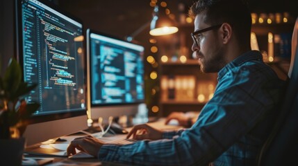 Programmers collaborating remotely, with screens displaying video calls and shared code, highlighting the flexibility of modern work. Copy Space
