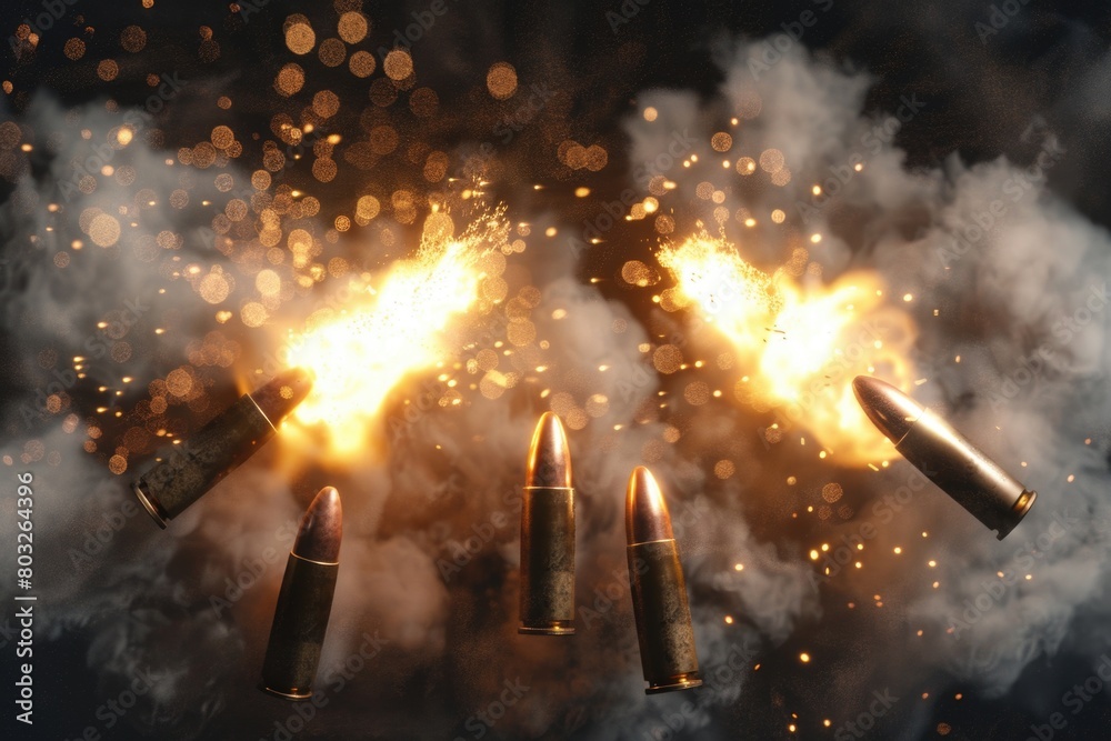 Poster A dramatic scene of bullet shells exploding in the air. Perfect for action and military themed projects