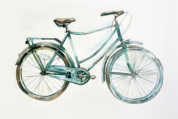 A watercolor painting of a vintage bicycle with a light blue frame, brown seat, and dark brown handlebars, leaning against a white wall.