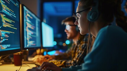 Programmers engaging in a code review session, analyzing and discussing each other's work for continuous improvement. Copy Space.