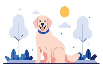 Obraz premium A cheerful golden labrador sits among cartoon trees under the sun