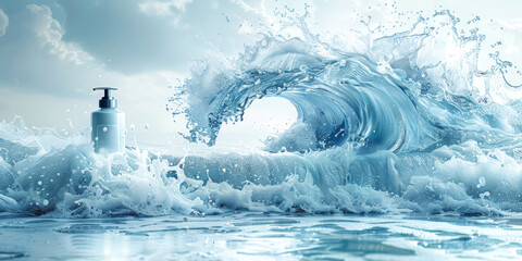 Dynamic of a wave with a skincare product, ideal for concepts of purity and skincare in a natural setting.