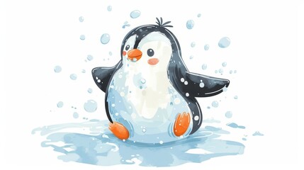 Naklejka premium A happy penguin is playing in the snow. He is having a great time and is very excited. The penguin is wearing a blue hat and scarf. He is also wearing a big smile on his face.