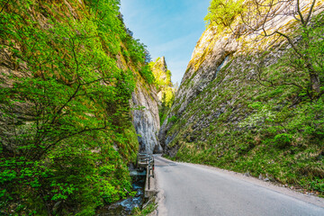 Curvy road between rocks of Maninska tiesnava gorge in Strazov mountains mountains, Slovakia