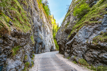 Curvy road between rocks of Maninska tiesnava gorge in Strazov mountains mountains, Slovakia