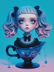 Creepy Kawaii Toxic Teacup Girl , Goth creepy , 3D render